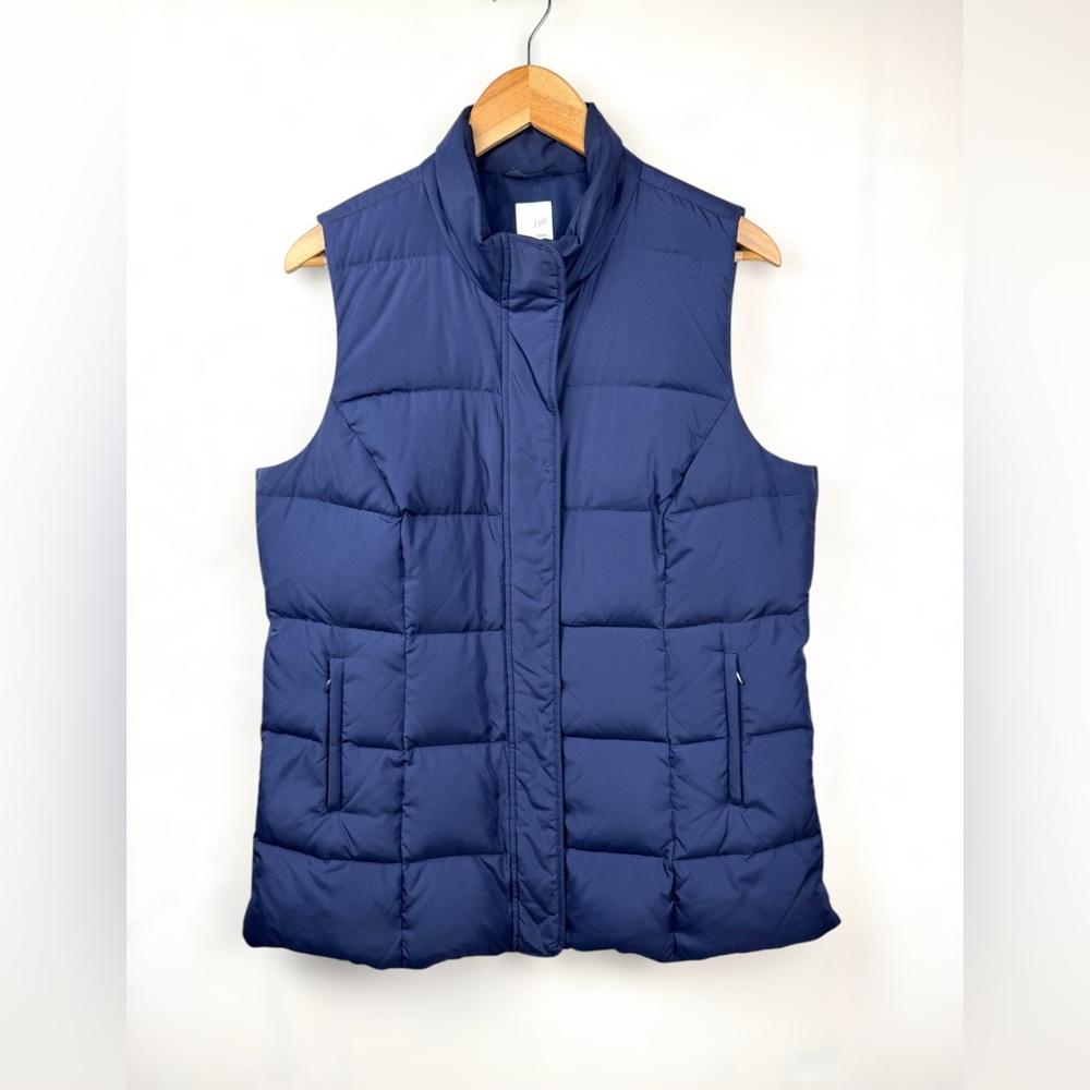 J. Jill Down Women’s Quilted Puffer Vest Navy Blue 2 way zip, pockets M Petite‎